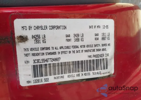 1996 Chrysler Sebring Jxi из США, поврежденный, VIN 3C3EL55H6TT240027